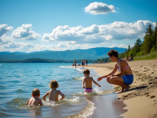 Family enjoying a sunny day at North Beach on Lake Champlain