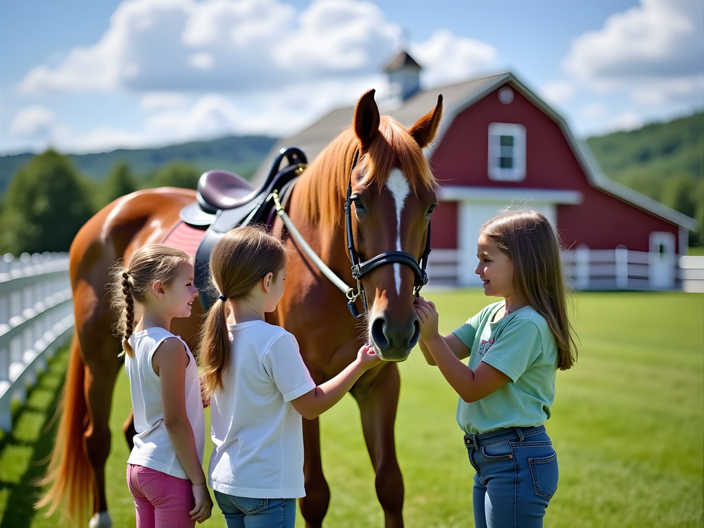 Children petting Morgan horses at UVM Horse Farm with historic barn in background