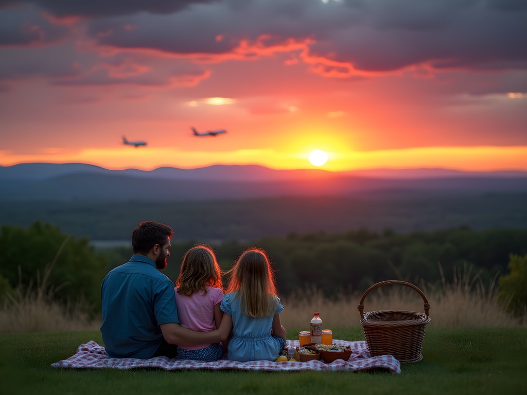 Family enjoying sunset picnic at Overlook Park with views of planes and mountains