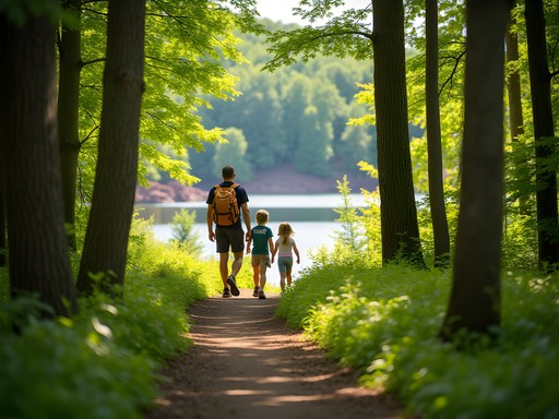 Family hiking on trails at Red Rocks Park with Lake Champlain views
