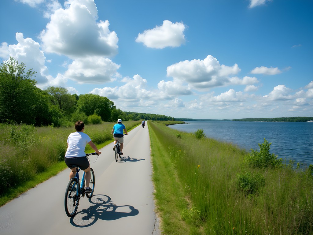 Family cycling on Eastern Trail in South Portland with coastal views