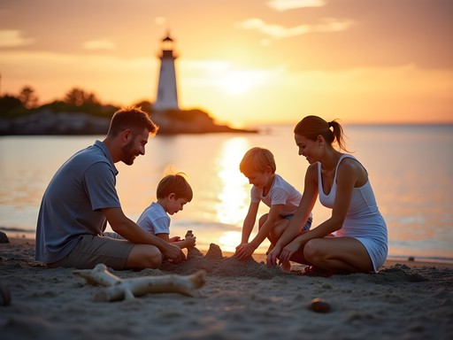 Family enjoying sunset at Willard Beach in South Portland