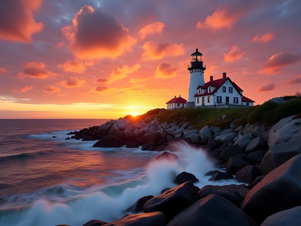 Portland Head Light lighthouse at sunrise with colorful sky