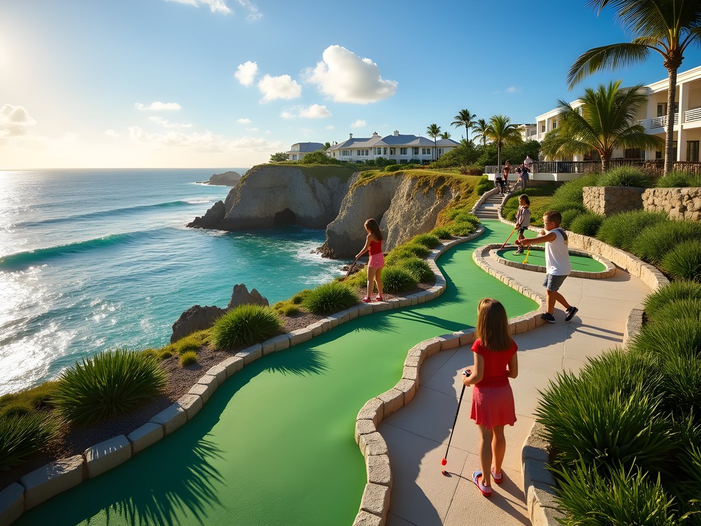 Family enjoying miniature golf with ocean views at Bermuda Fun Golf in Southampton