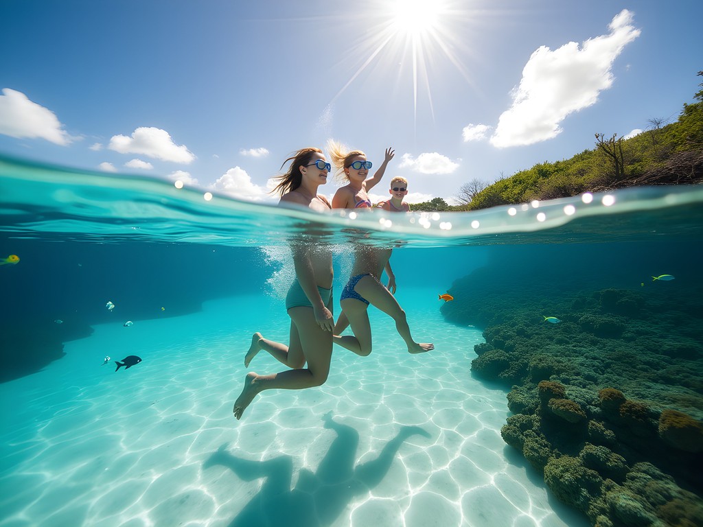 Family snorkeling in clear waters at Snorkel Park Beach, Southampton, Bermuda