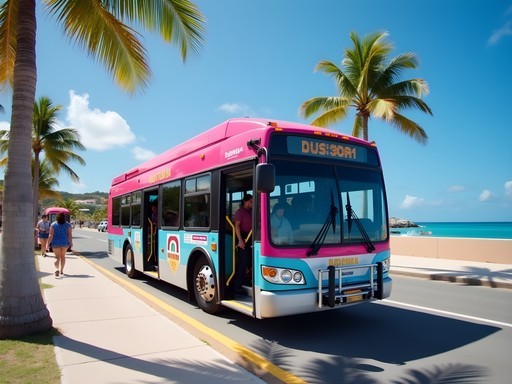 Family boarding the iconic pink Bermuda bus in Southampton