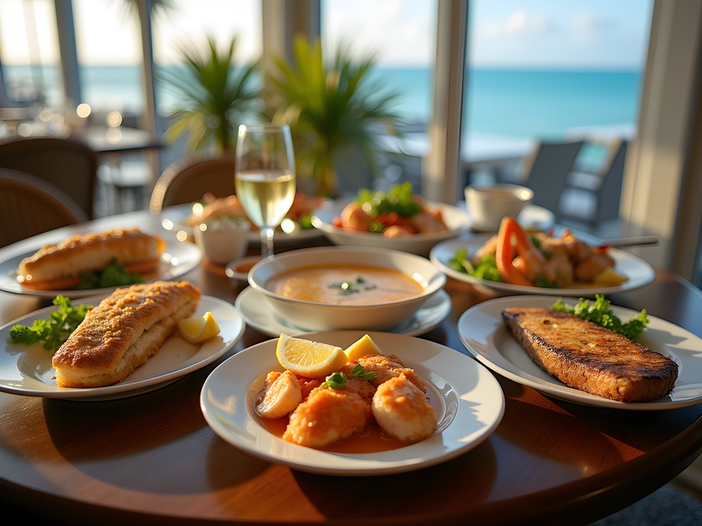 Family enjoying seafood dinner with ocean view in Southampton, Bermuda