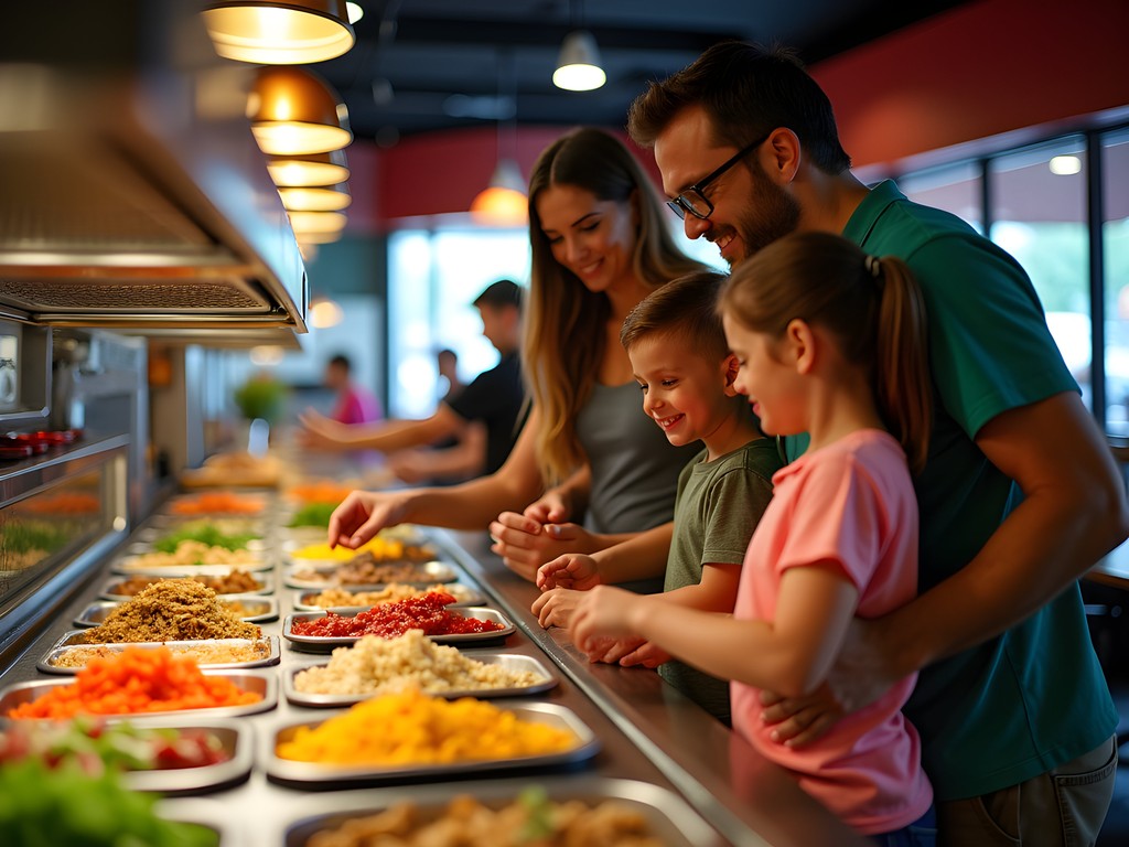 Family enjoying interactive dining at bd's Mongolian Grill in Sterling Heights