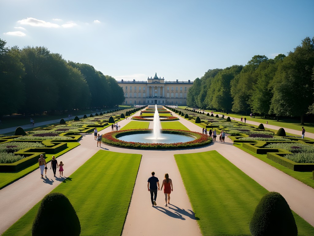 Family exploring the manicured gardens of Drottningholm Palace with the baroque palace visible in background