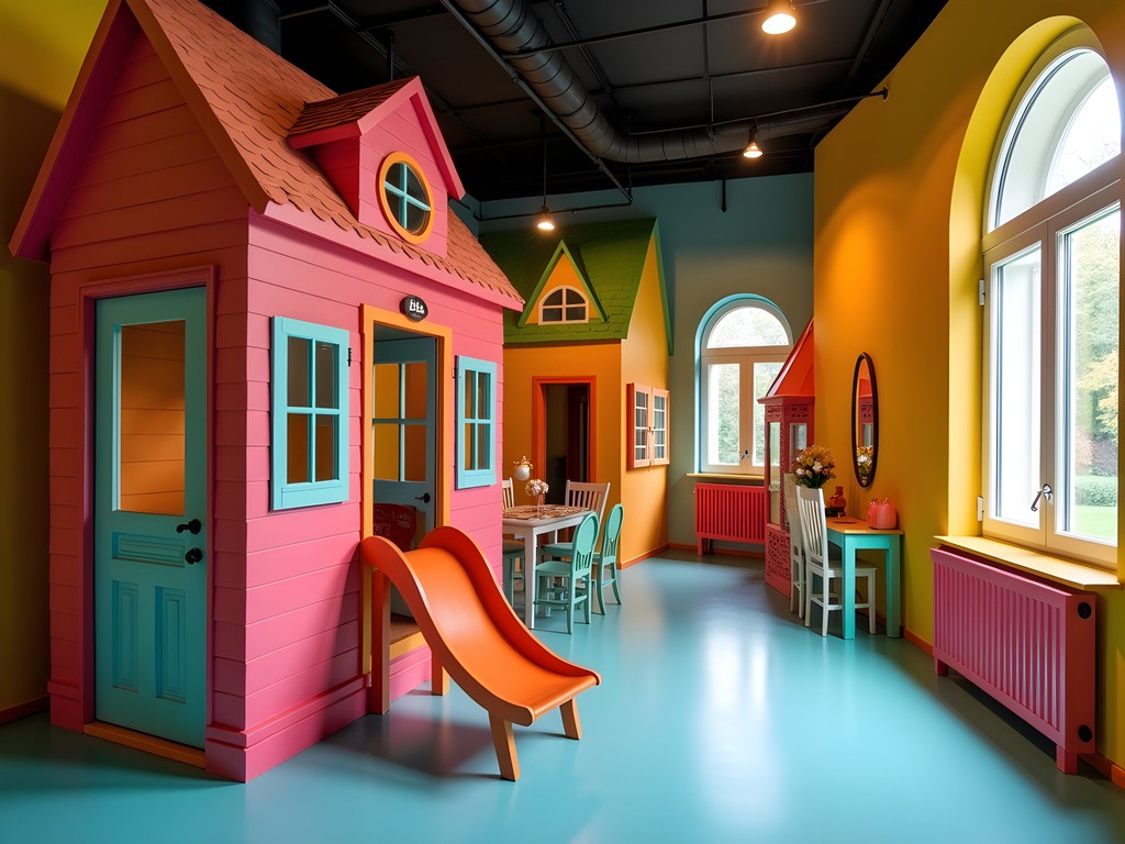 Child playing in colorful Pippi Longstocking house at Junibacken children's museum in Stockholm