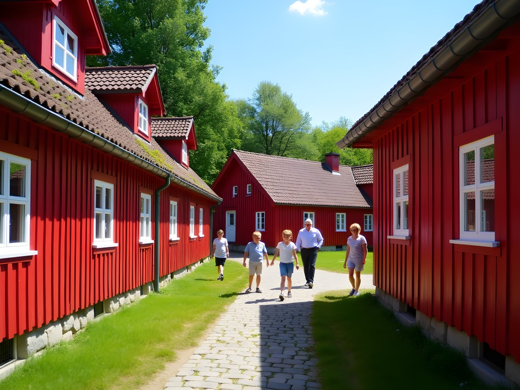 Traditional red wooden houses at Skansen open-air museum with children exploring historical buildings