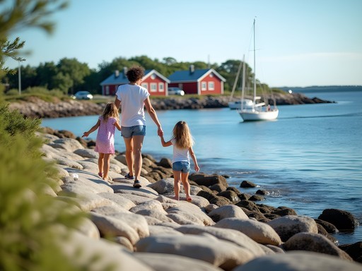 Family exploring rocky shoreline of Stockholm archipelago island with traditional red Swedish cottages in background