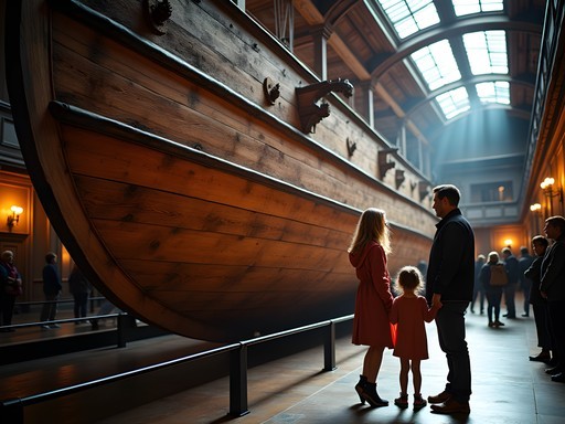 Family admiring the massive Vasa ship in Stockholm's famous maritime museum