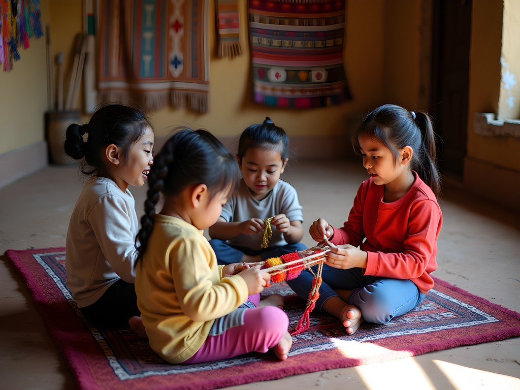 Children learning traditional Bolivian weaving techniques at ASUR museum in Sucre