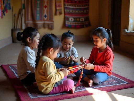 Children learning traditional Bolivian weaving techniques at ASUR museum in Sucre