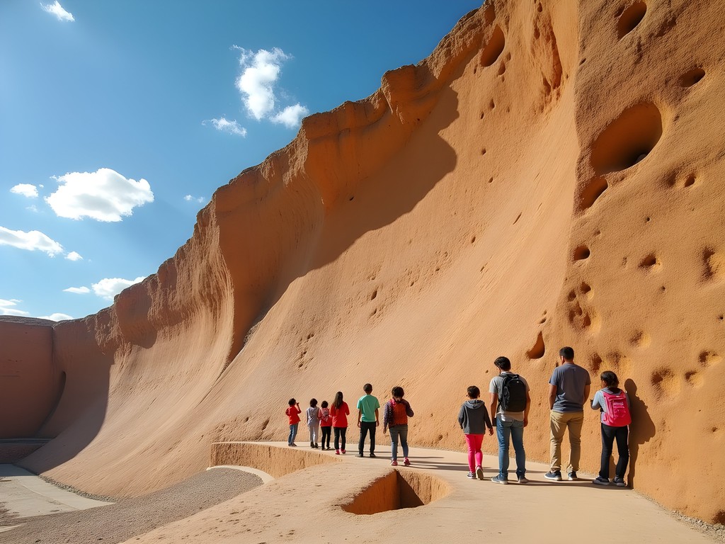 Cal Orck'o dinosaur footprints wall in Sucre with families viewing