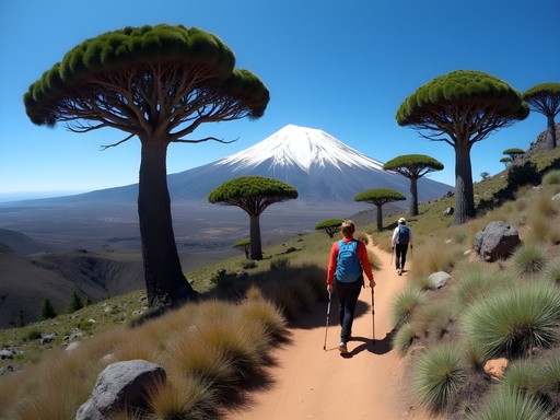 Family hiking through ancient araucaria forest with Llaima volcano in background