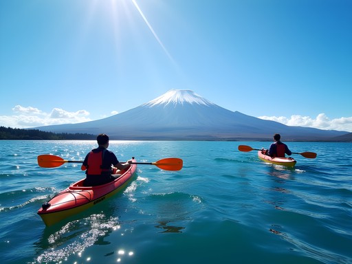 Family kayaking on Lake Villarrica with Villarrica Volcano in background