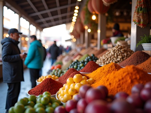 Family exploring colorful produce displays at Temuco's Mercado Municipal