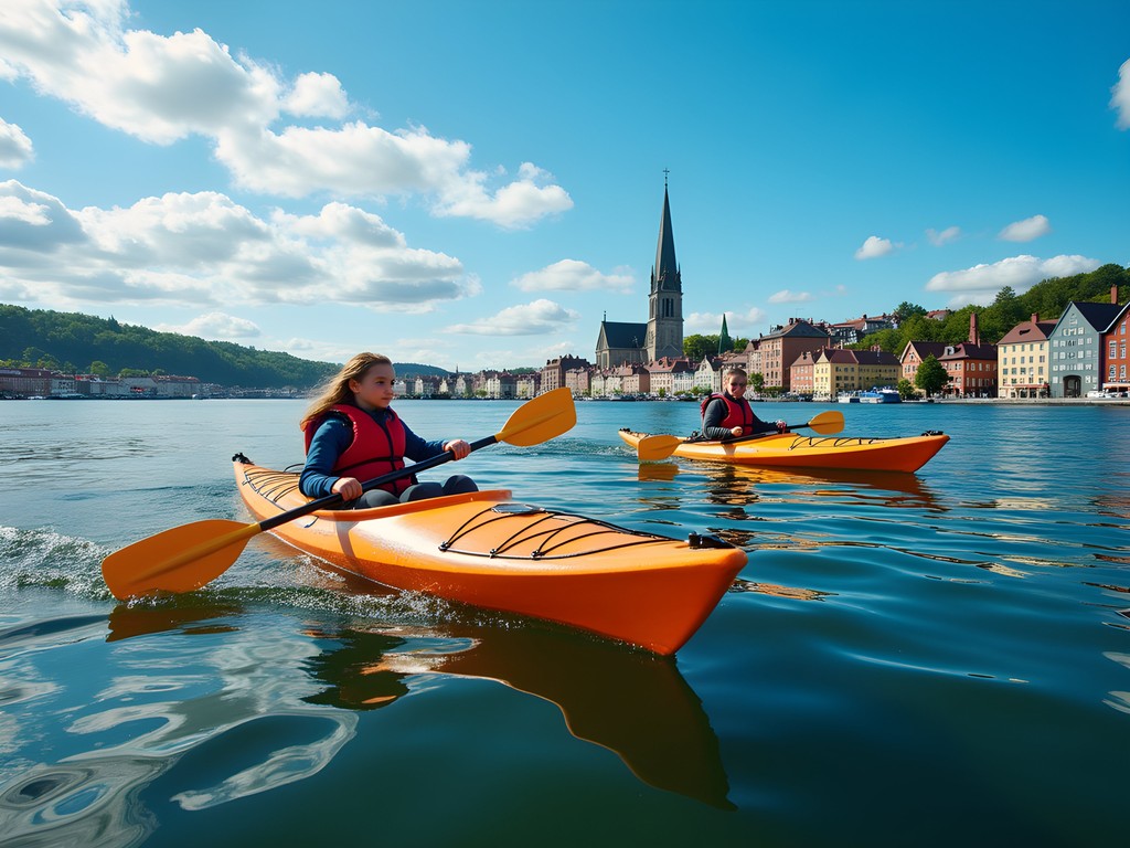 Family kayaking on the calm waters of Trondheimsfjord with Trondheim cityscape in background