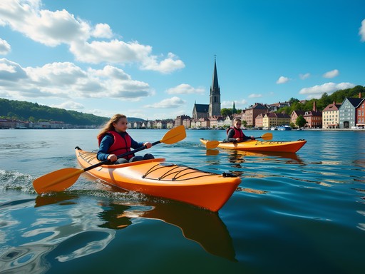 Family kayaking on the calm waters of Trondheimsfjord with Trondheim cityscape in background