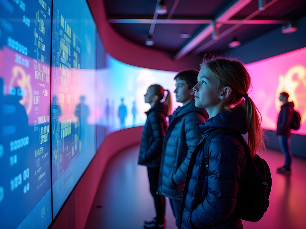 Teenagers engaging with interactive music exhibits at Rockheim museum in Trondheim