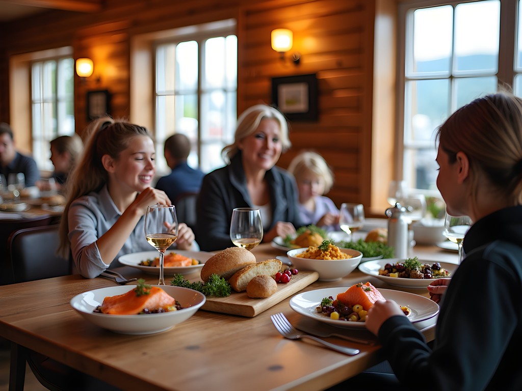Family enjoying traditional Norwegian food at a restaurant in Trondheim's historic district