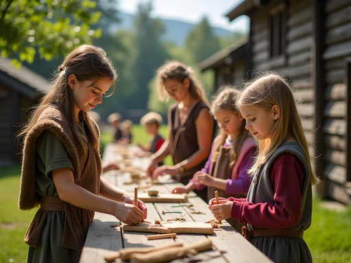 Children participating in Viking craft activities at Trondheim Folkemuseum