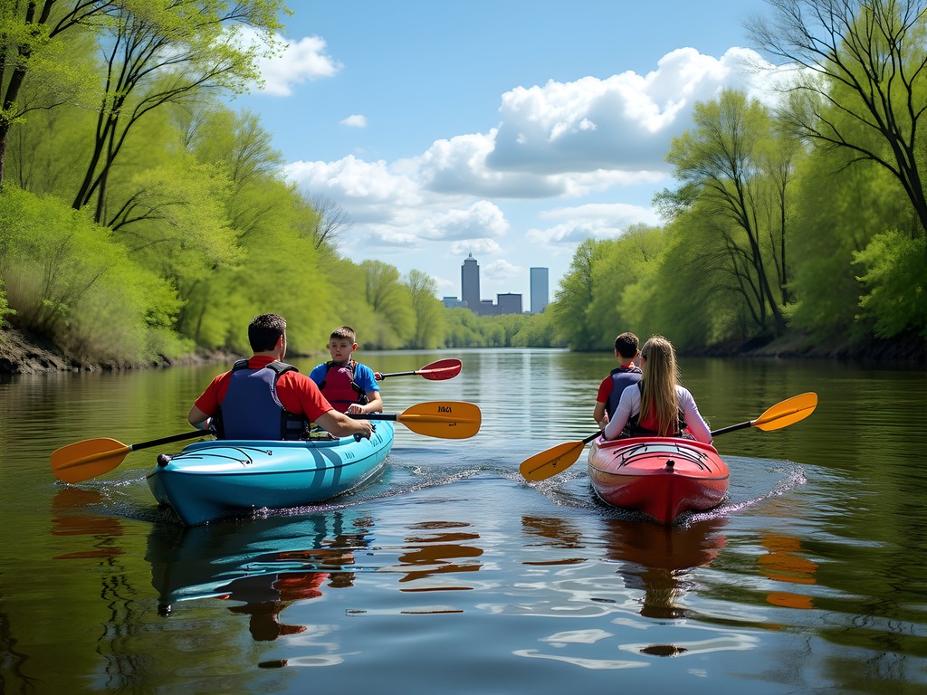 Family kayaking on the Black Warrior River in Tuscaloosa during spring