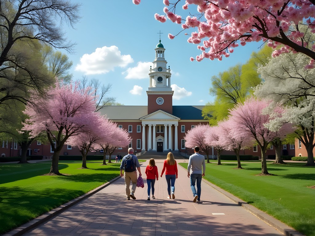 Families exploring University of Alabama campus with spring blooms