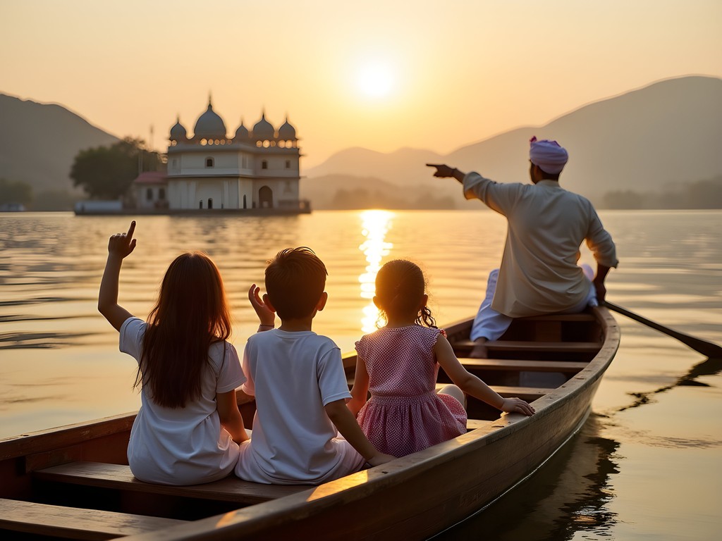 Family boat ride on Lake Pichola with Jag Mandir Palace in background