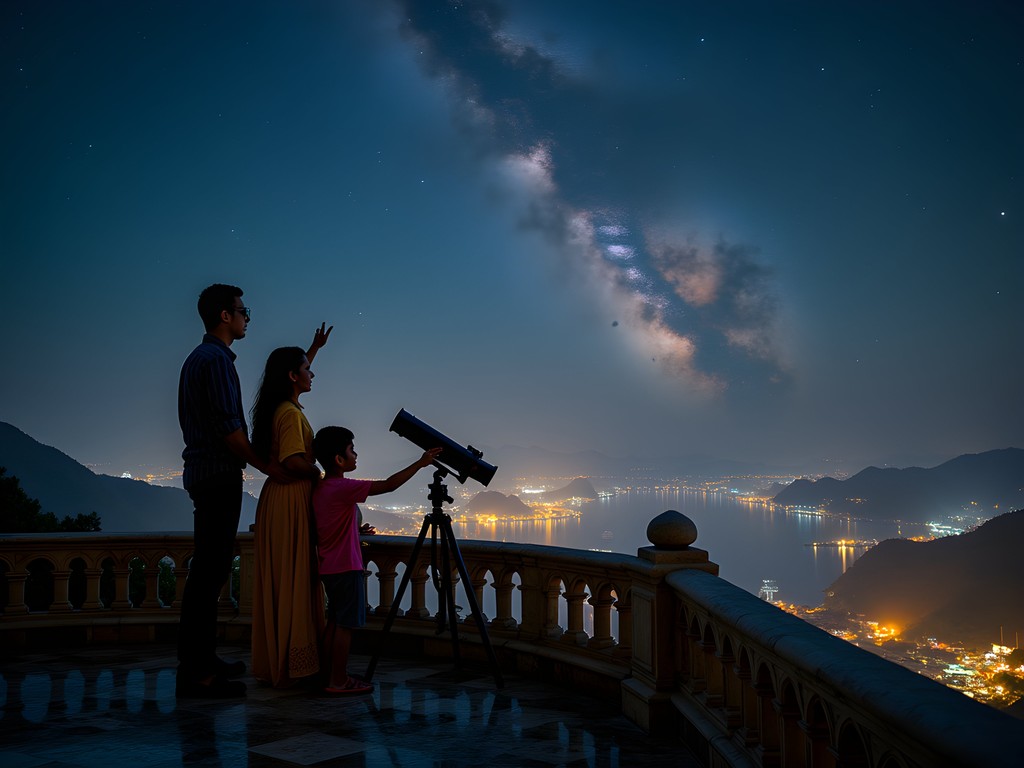 Family stargazing at Monsoon Palace overlooking illuminated Udaipur