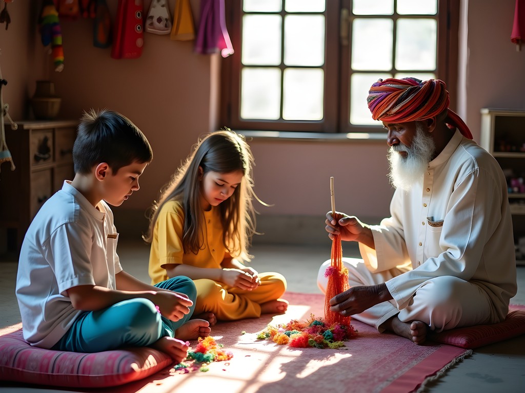 Children creating traditional Rajasthani puppets with master craftsman