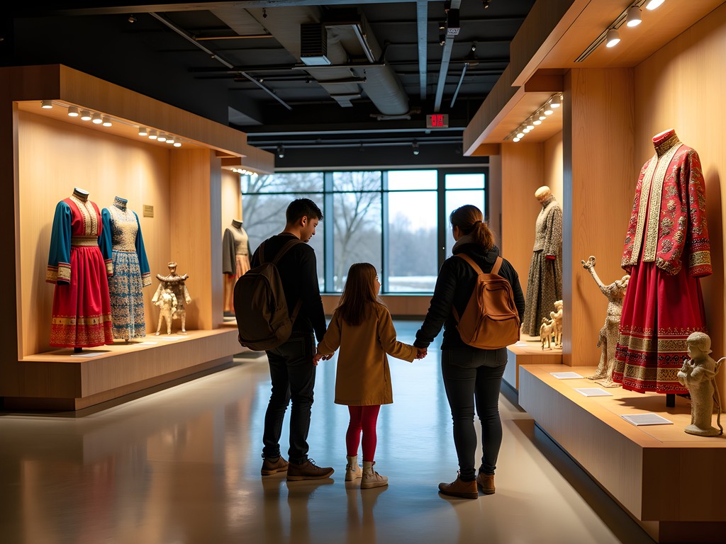 Family exploring exhibits at National Museum of Mongolia in Ulaanbaatar