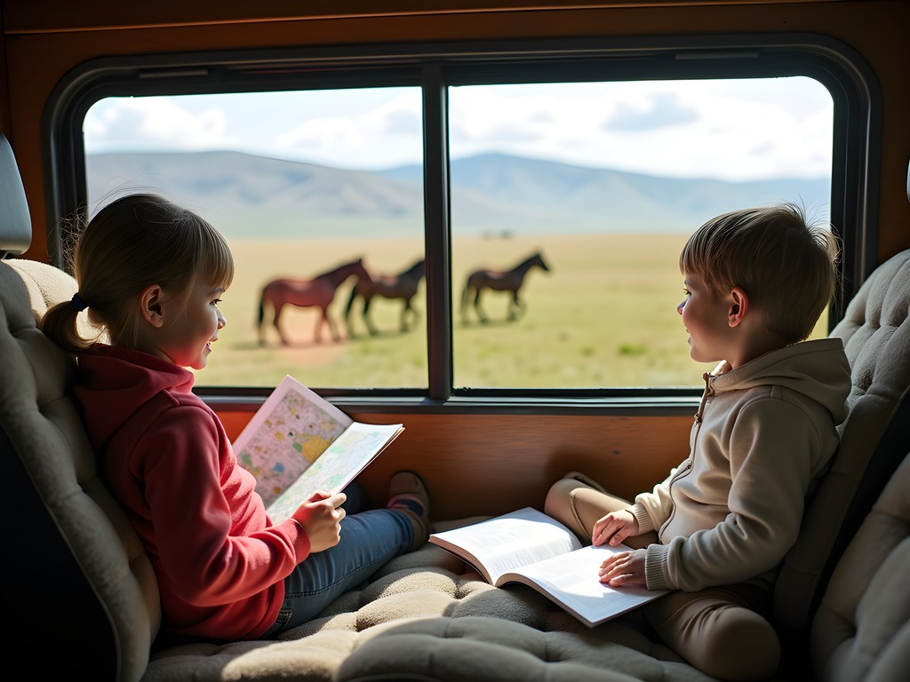 Family engaged in activities during long drive across Mongolian steppe in 4x4 vehicle