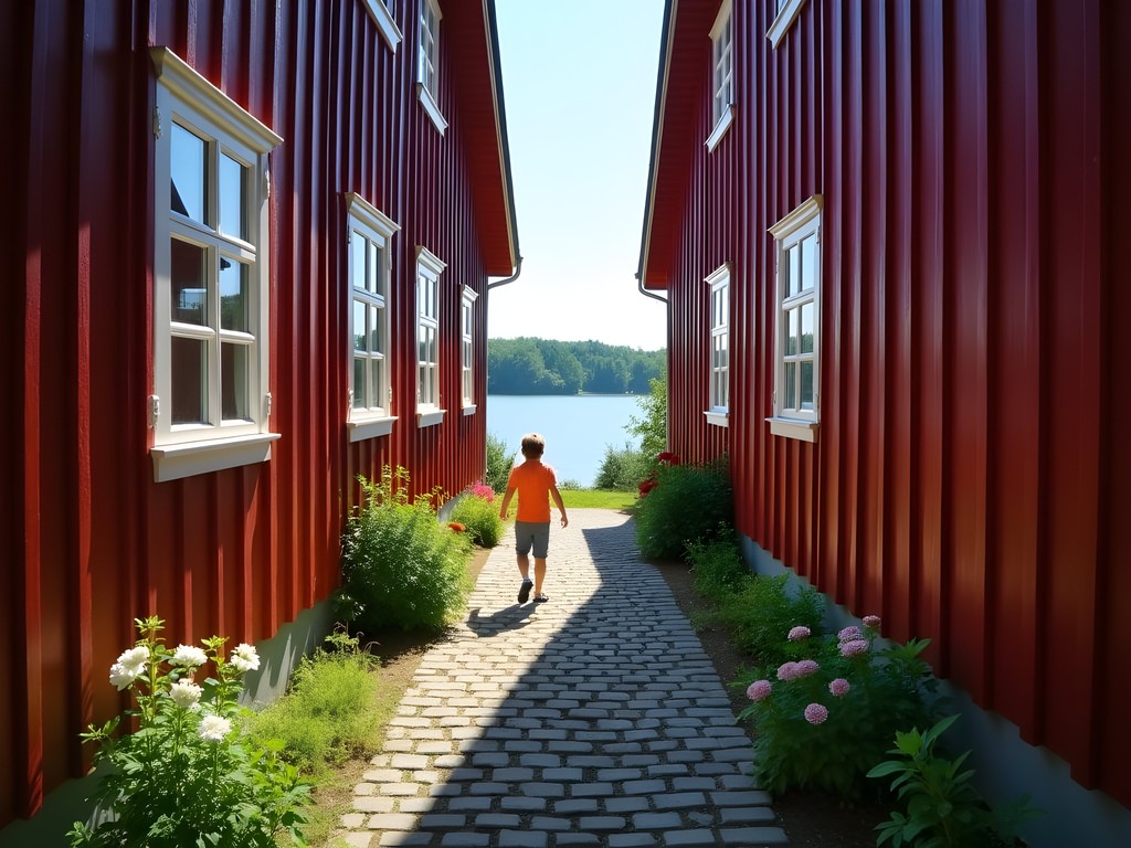 Child exploring narrow medieval alleyway in Sigtuna Sweden