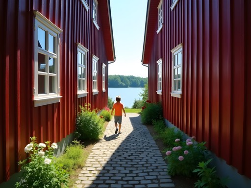 Child exploring narrow medieval alleyway in Sigtuna Sweden