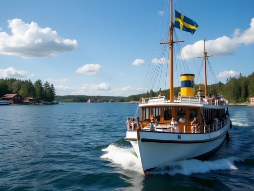 Family enjoying vintage archipelago boat journey from Stockholm to Vaxholm