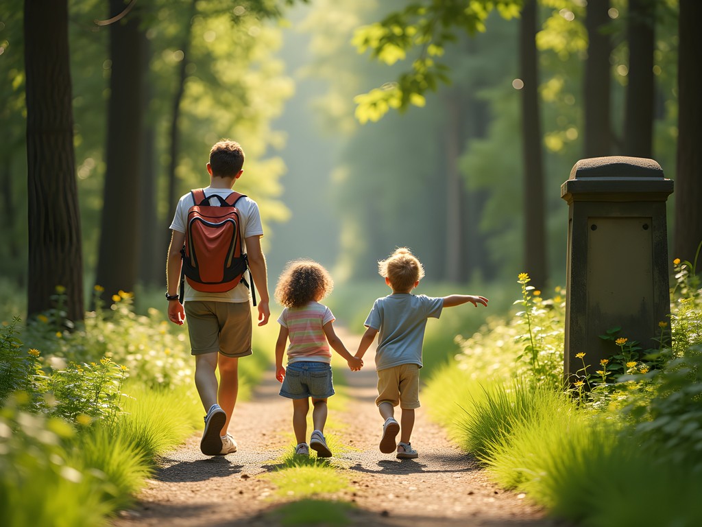 Family exploring forest trails in the royal forests near Versailles