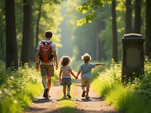 Family exploring forest trails in the royal forests near Versailles