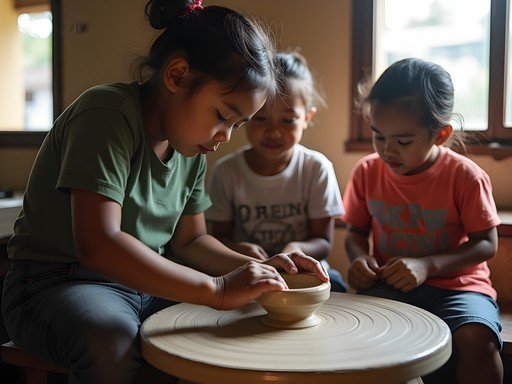 Children learning traditional pottery techniques at Pagburnayan in Vigan