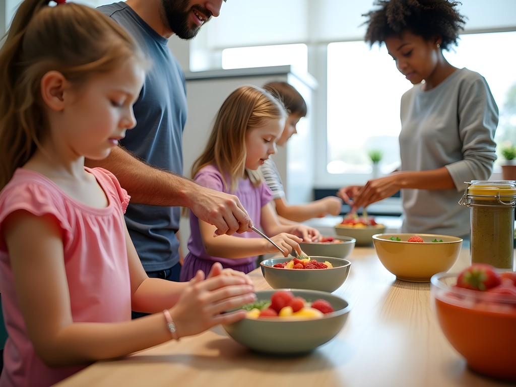 Family participating in cooking class making colorful smoothie bowls at Fruitive
