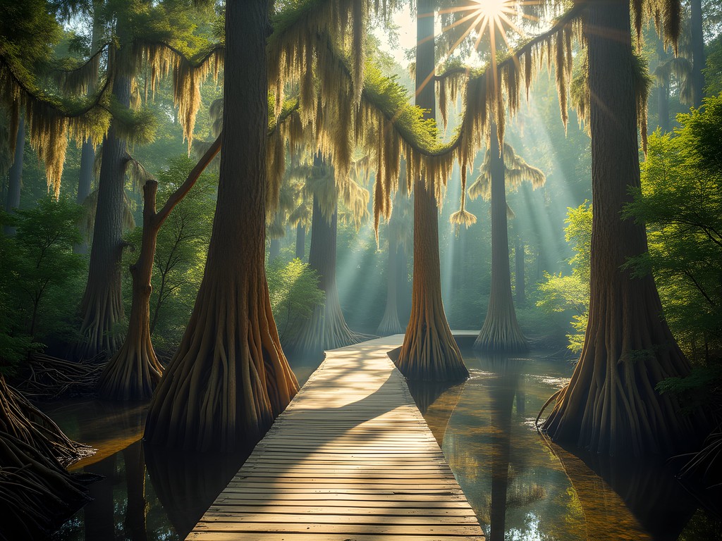 Mystical cypress trees with knees emerging from water at First Landing State Park