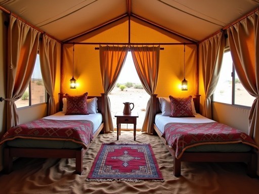 Interior of a family Bedouin tent in Wadi Rum with comfortable beds and traditional decorations
