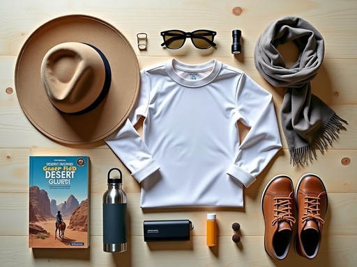 Essential packing items for a family desert adventure laid out neatly