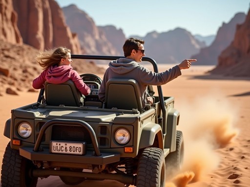 Family enjoying a 4x4 jeep tour through the dramatic landscape of Wadi Rum desert