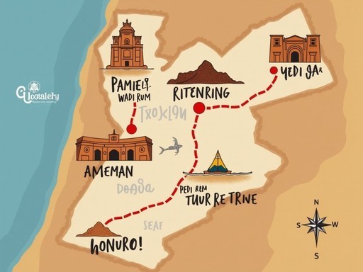 Illustrated map showing family-friendly Jordan itinerary including Wadi Rum, Petra, Dead Sea, and Amman