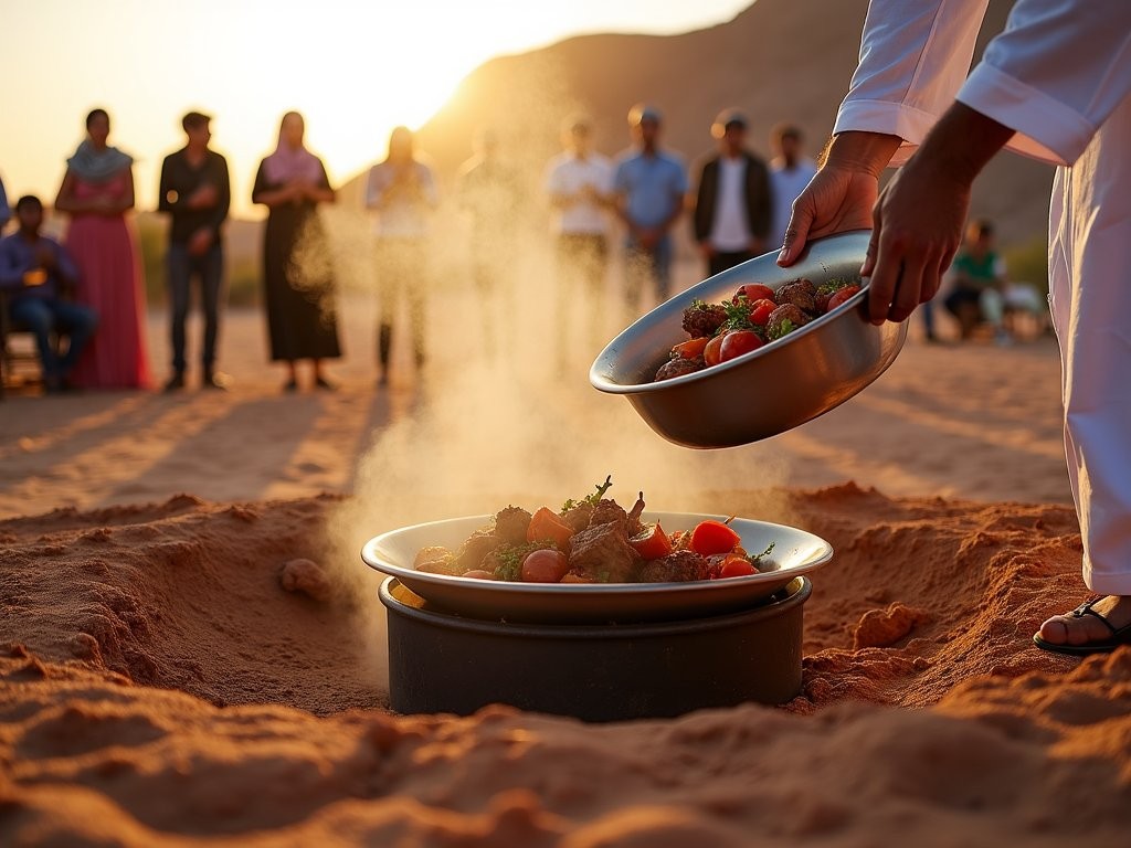 Traditional Bedouin zarb dinner being unearthed from sand oven in Wadi Rum desert camp