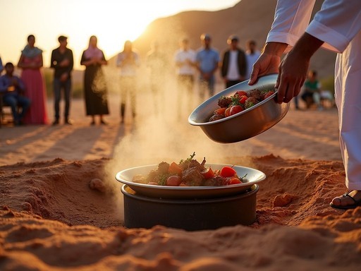 Traditional Bedouin zarb dinner being unearthed from sand oven in Wadi Rum desert camp