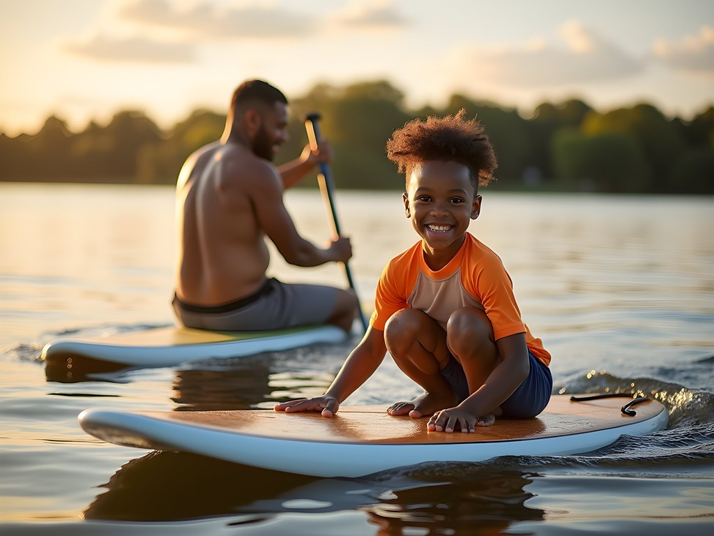 Mixed race father teaching children stand-up paddleboarding at Gray's Lake Park Des Moines